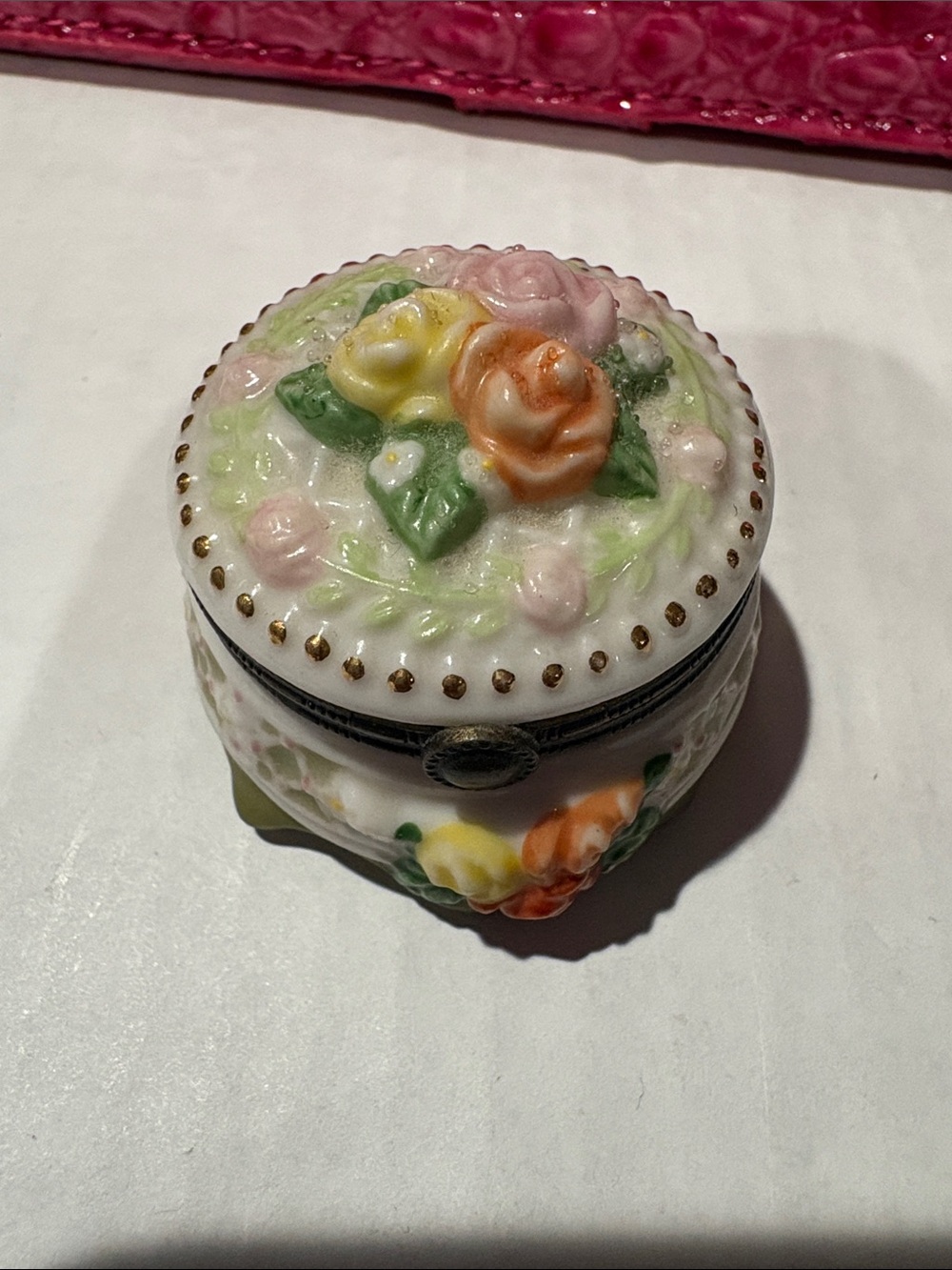 Porcelain Floral Trinket Box in White with Yellow & Orange Roses